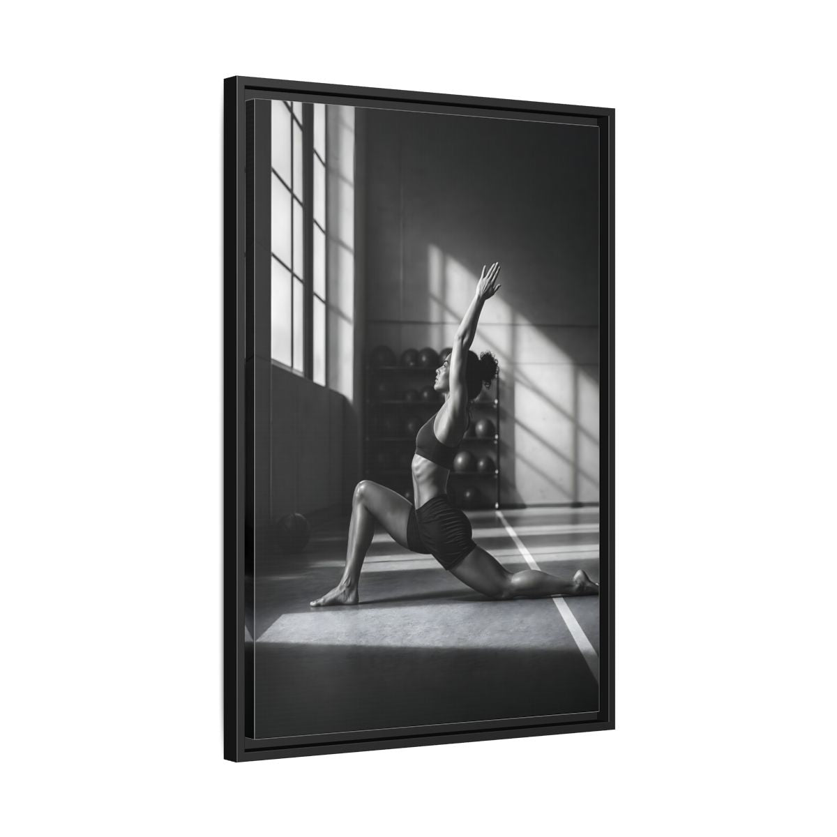 Side Mockup 14. Sports Woman Stretching Monochrome Fitness shown as framed canvas print