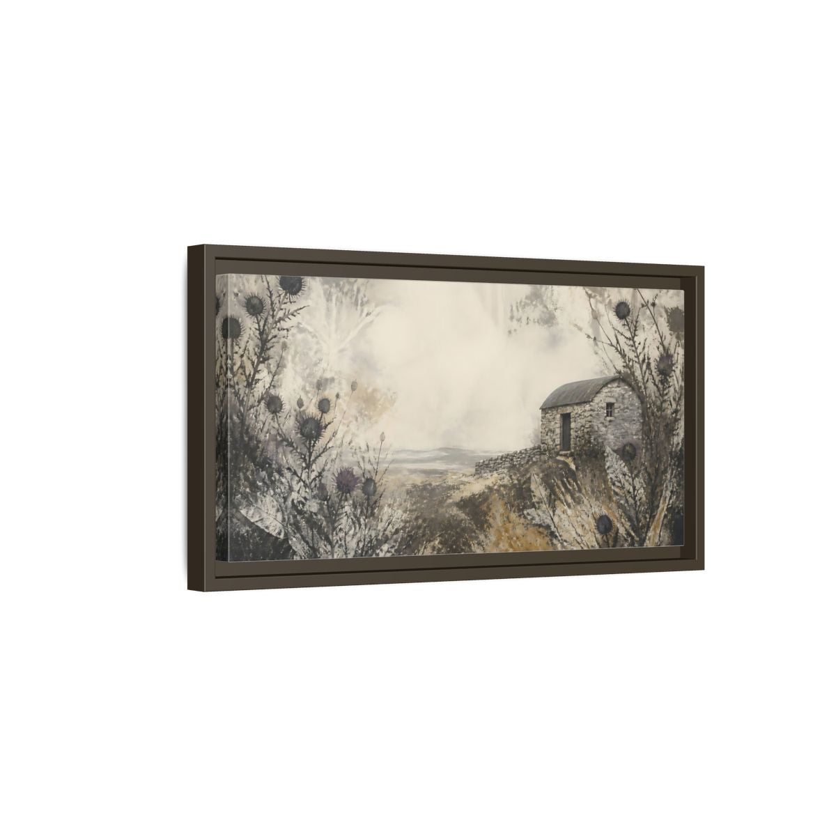 Side Mockup 7. Stone Hut Among Thistles shown as framed canvas print