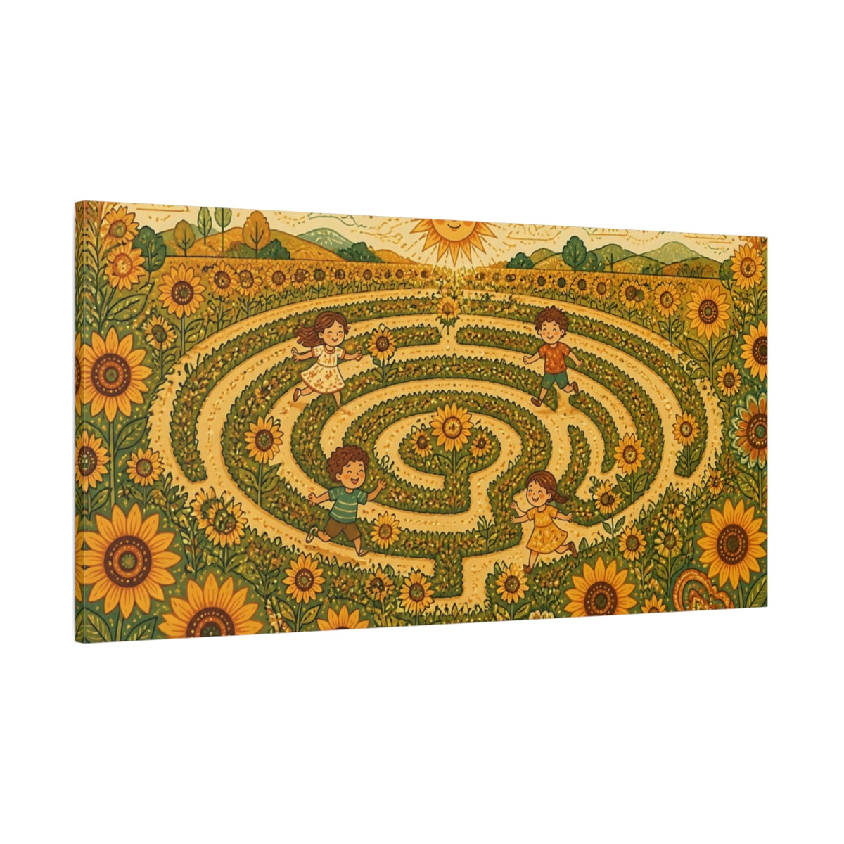 Side Mockup 2. Sunflower Maze Playtime shown as canvas print