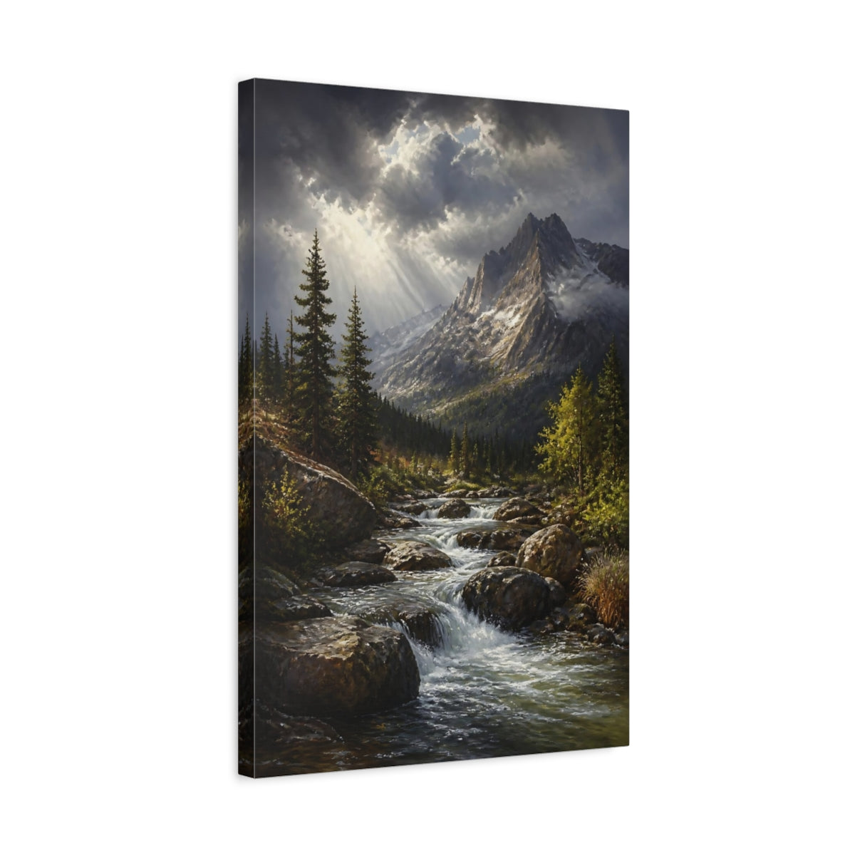 Side Mockup 3. Sunlit Alpine Mountain Stream shown as canvas print