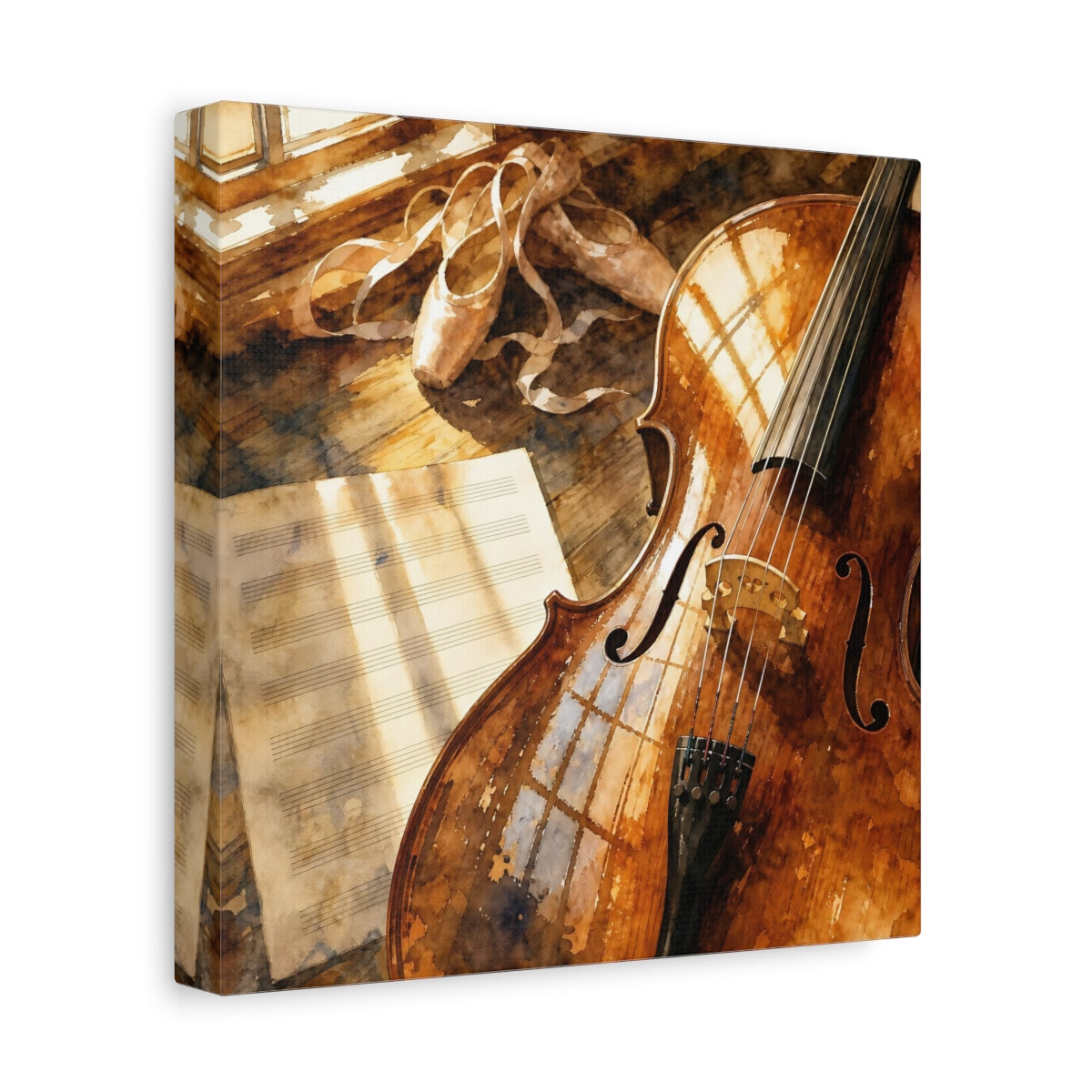 Side Mockup 9. Sunlit Cello And Ballet Shoes shown as canvas print