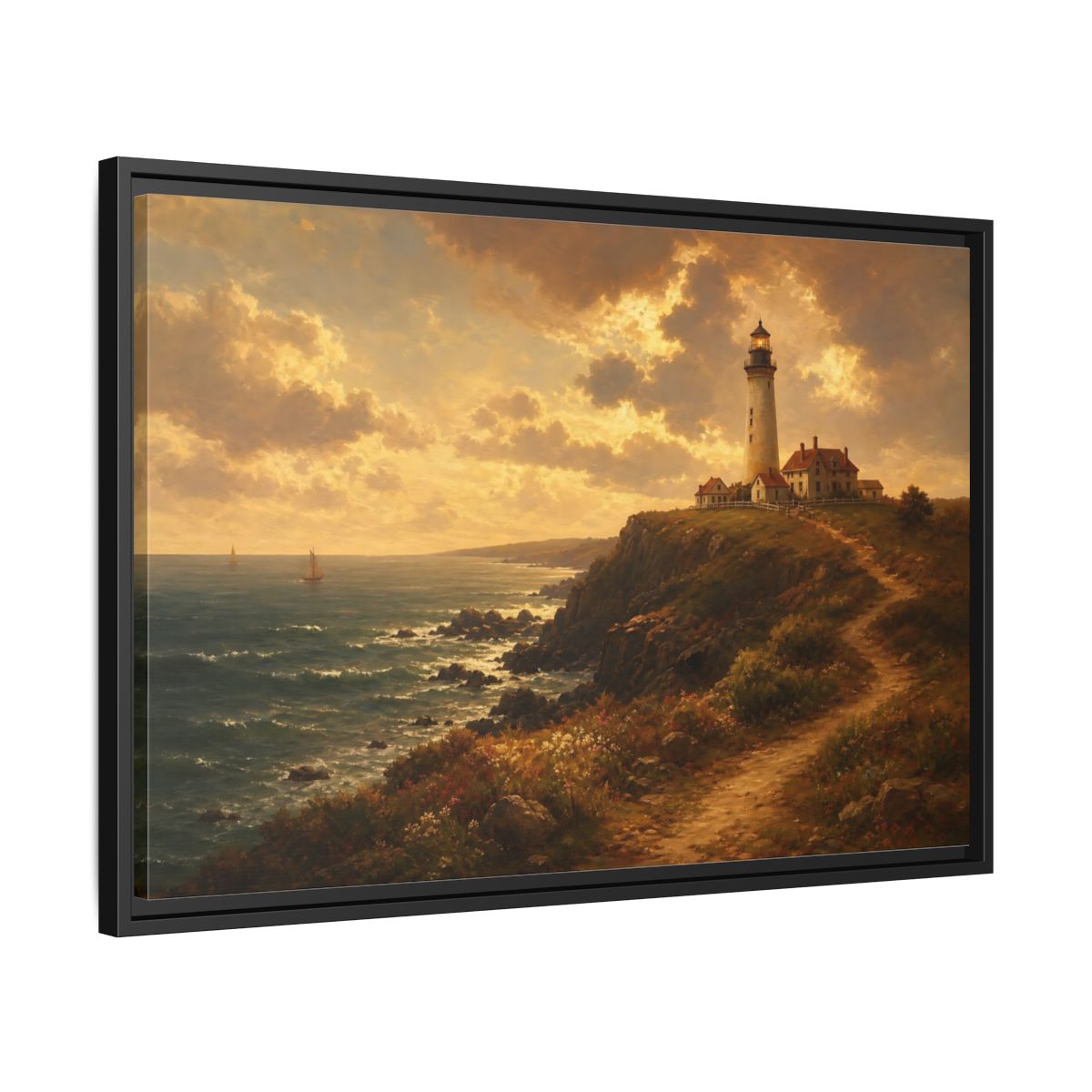 Side Mockup 14. Sunlit Cliff Lighthouse shown as framed canvas print