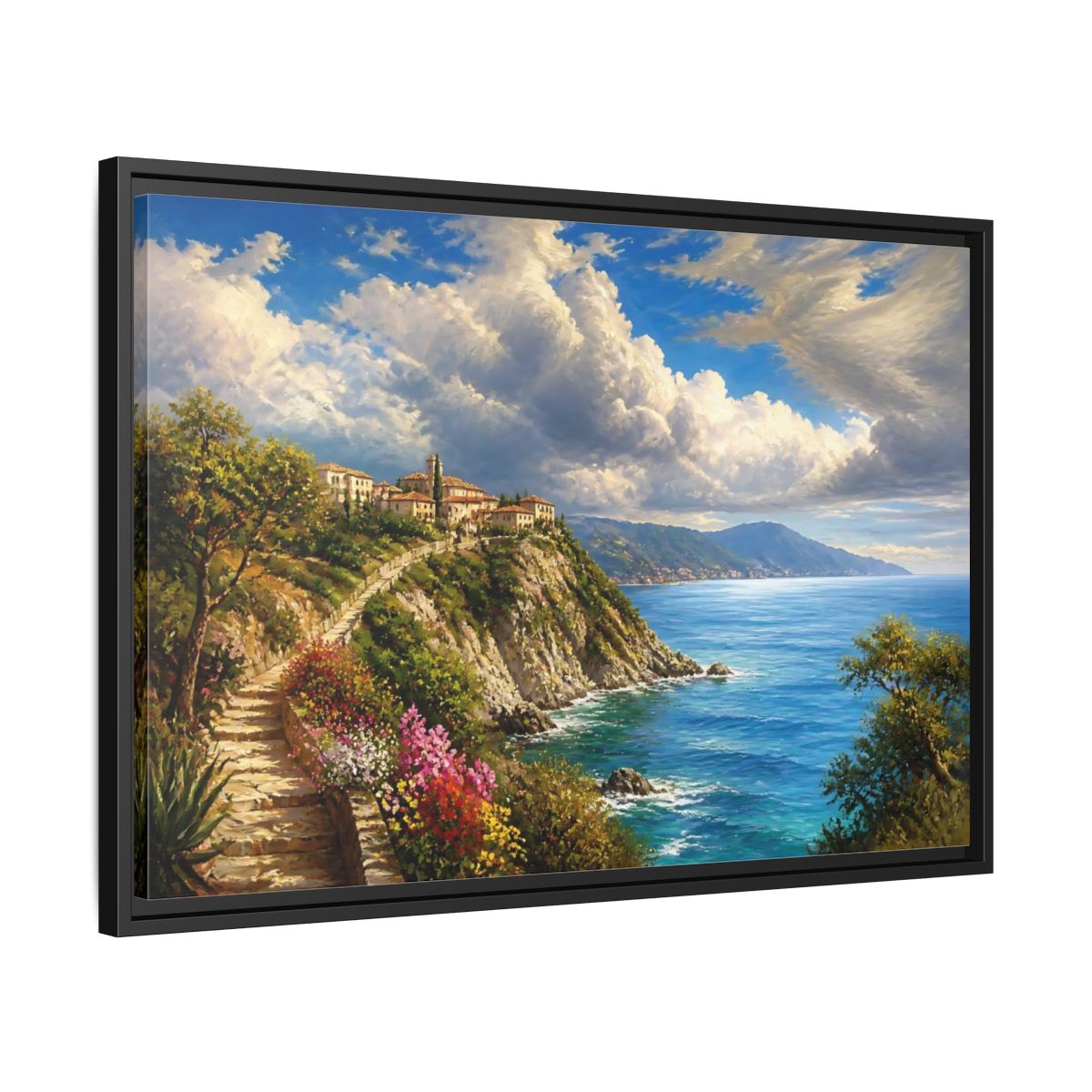 Side Mockup 14. Sunlit Cliffside Village shown as framed canvas print