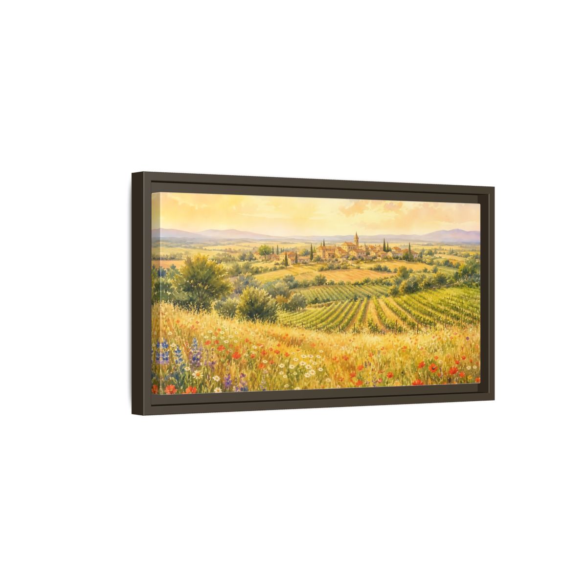 Side Mockup 7. Sunlit Country Village shown as framed canvas print
