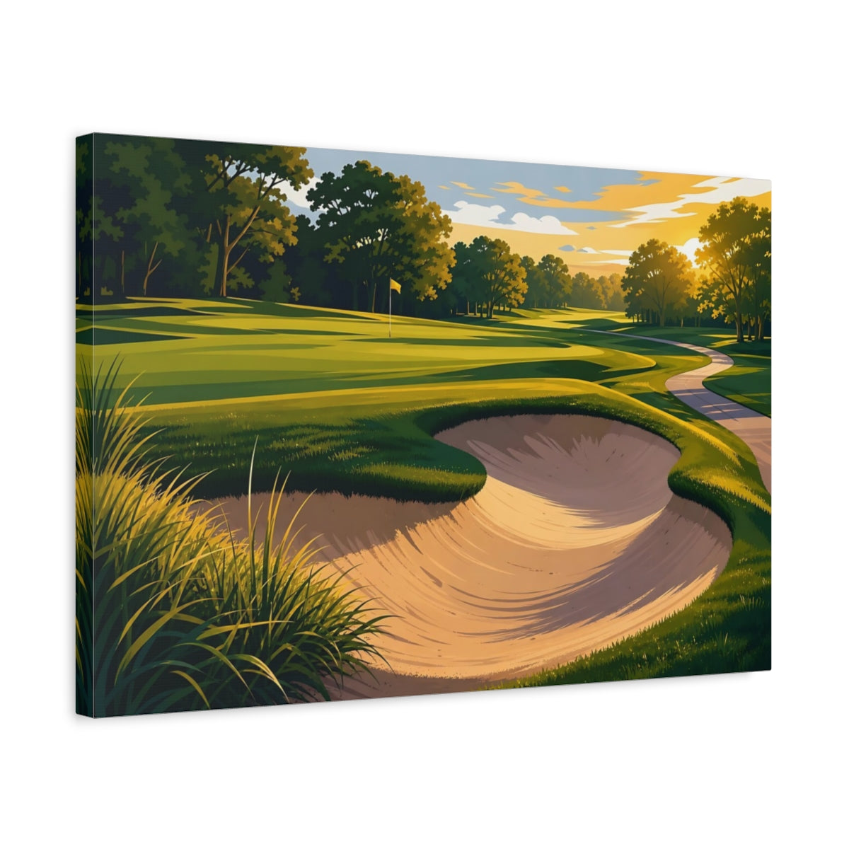 Side Mockup 3. Sunlit Golf Course Bunker shown as canvas print