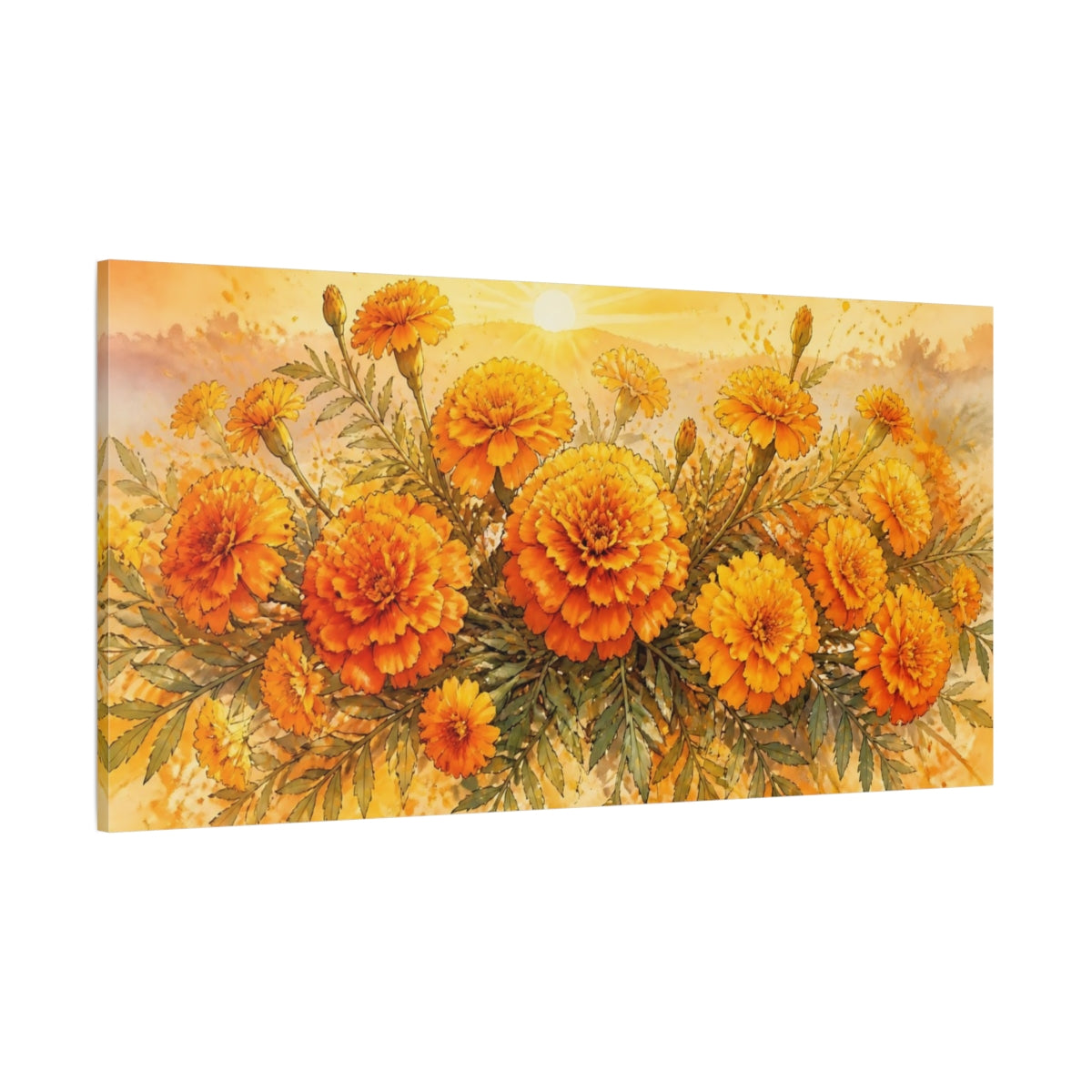 Side Mockup 2. Sunlit Marigold Bouquet shown as canvas print