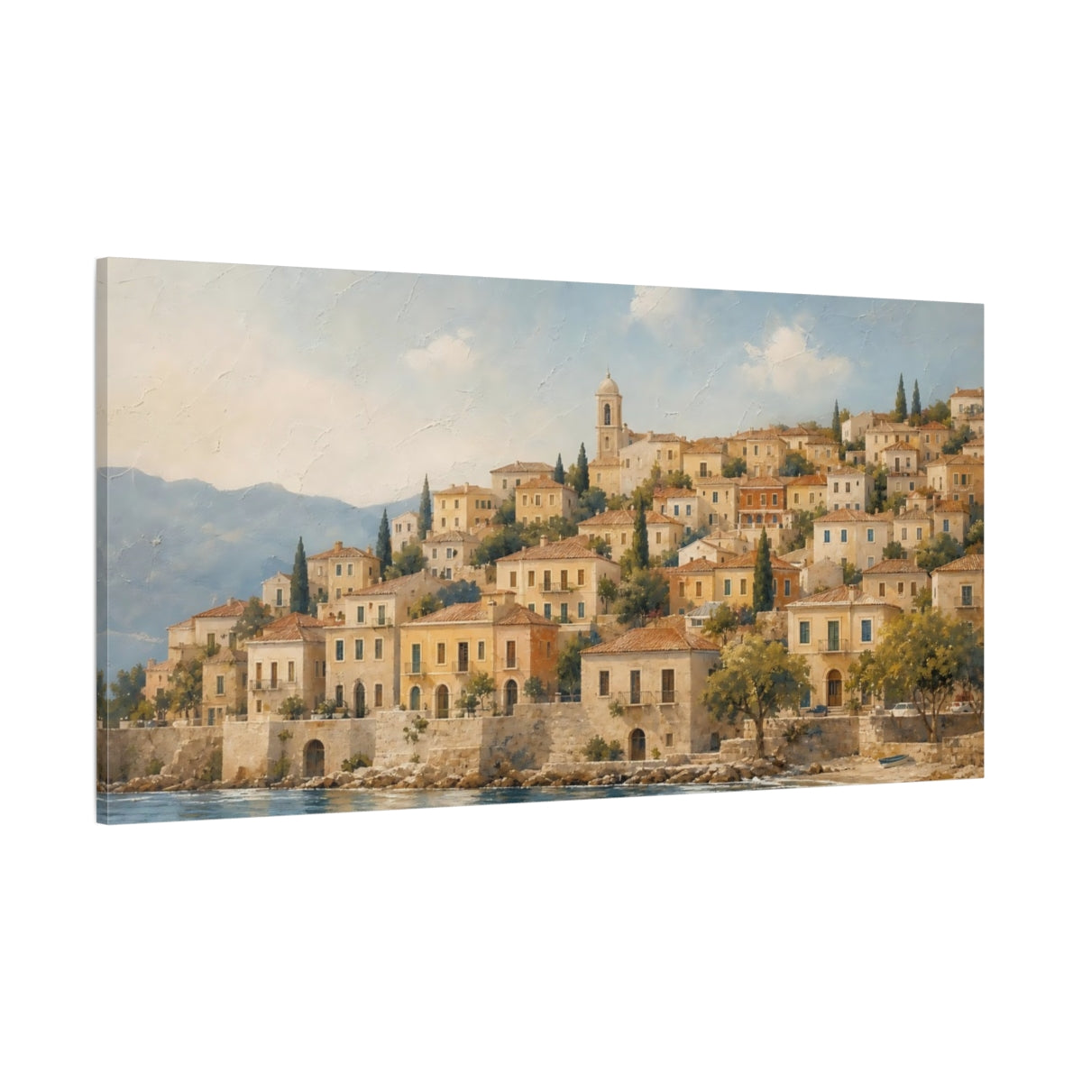 Side Mockup 2. Sunlit Mediterranean Village shown as canvas print