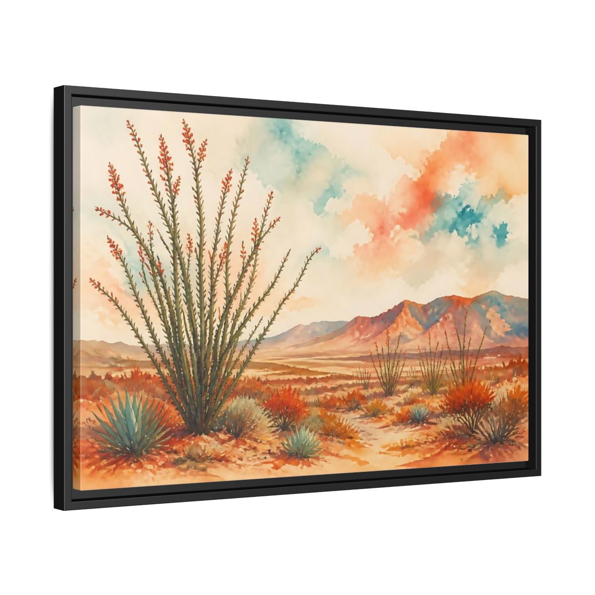 Side Mockup 14. Sunlit Ocotillo Landscape shown as framed canvas print