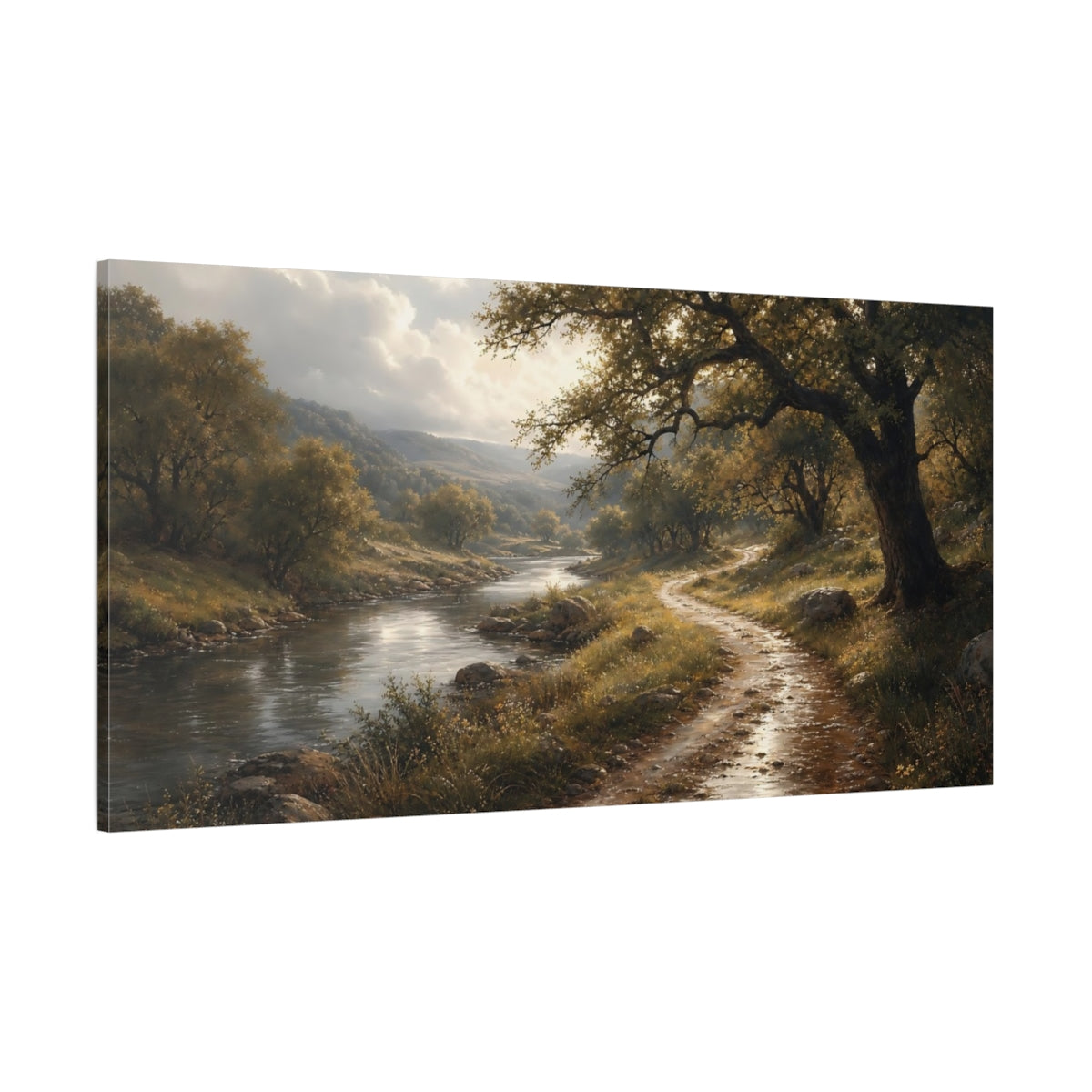 Side Mockup 2. Sunlit Riverside Path shown as canvas print
