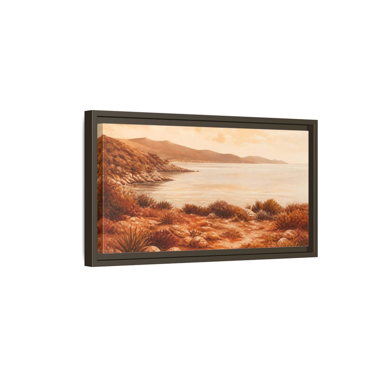 Side Mockup 7. Sunlit Rocky Coastline shown as framed canvas print