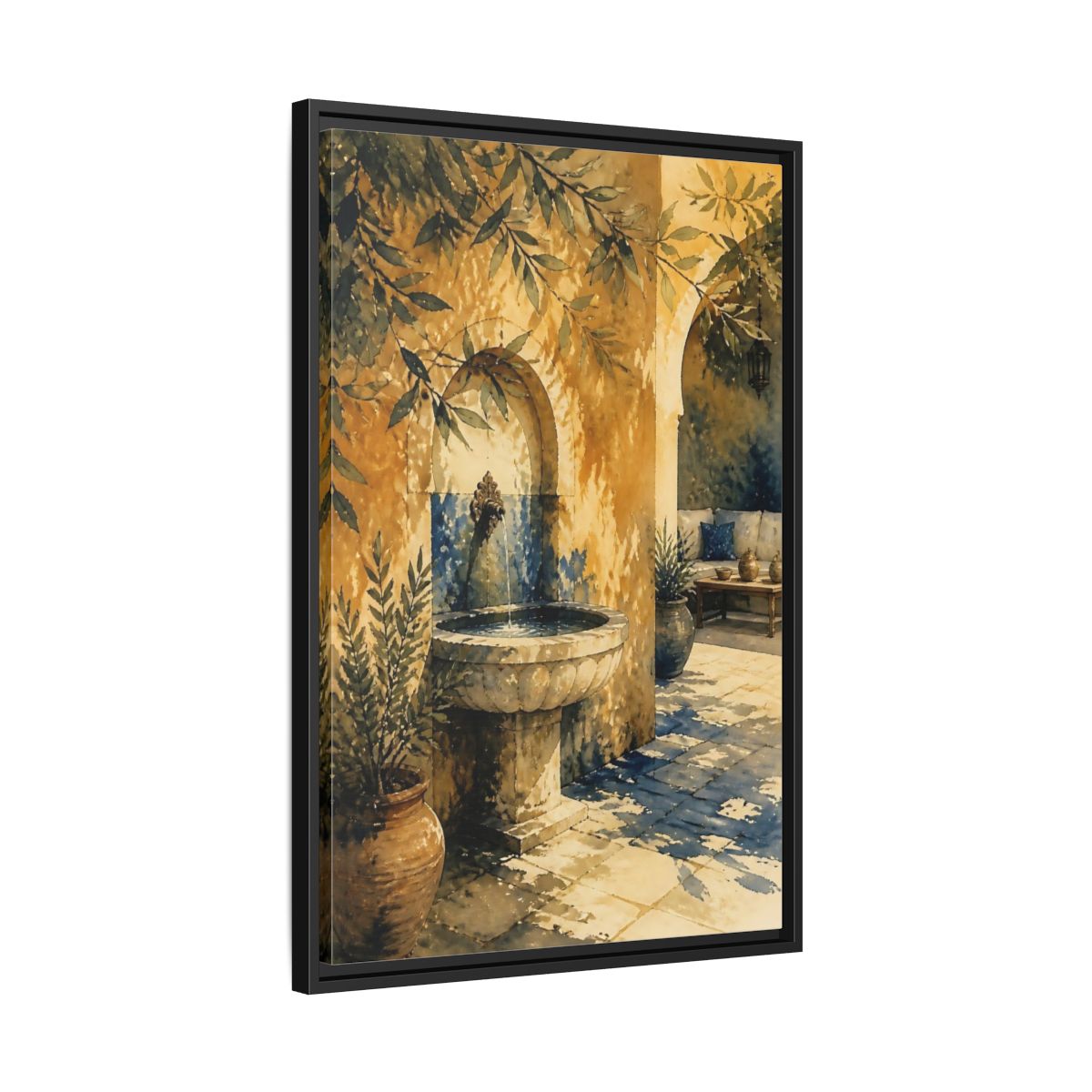 Side Mockup 14. Sunlit Stone Fountain Courtyard shown as framed canvas print