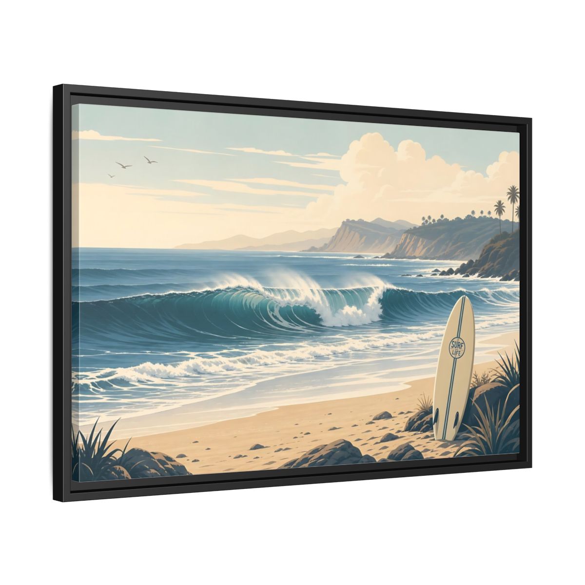 Side Mockup 14. Sunlit Surf Coast shown as framed canvas print