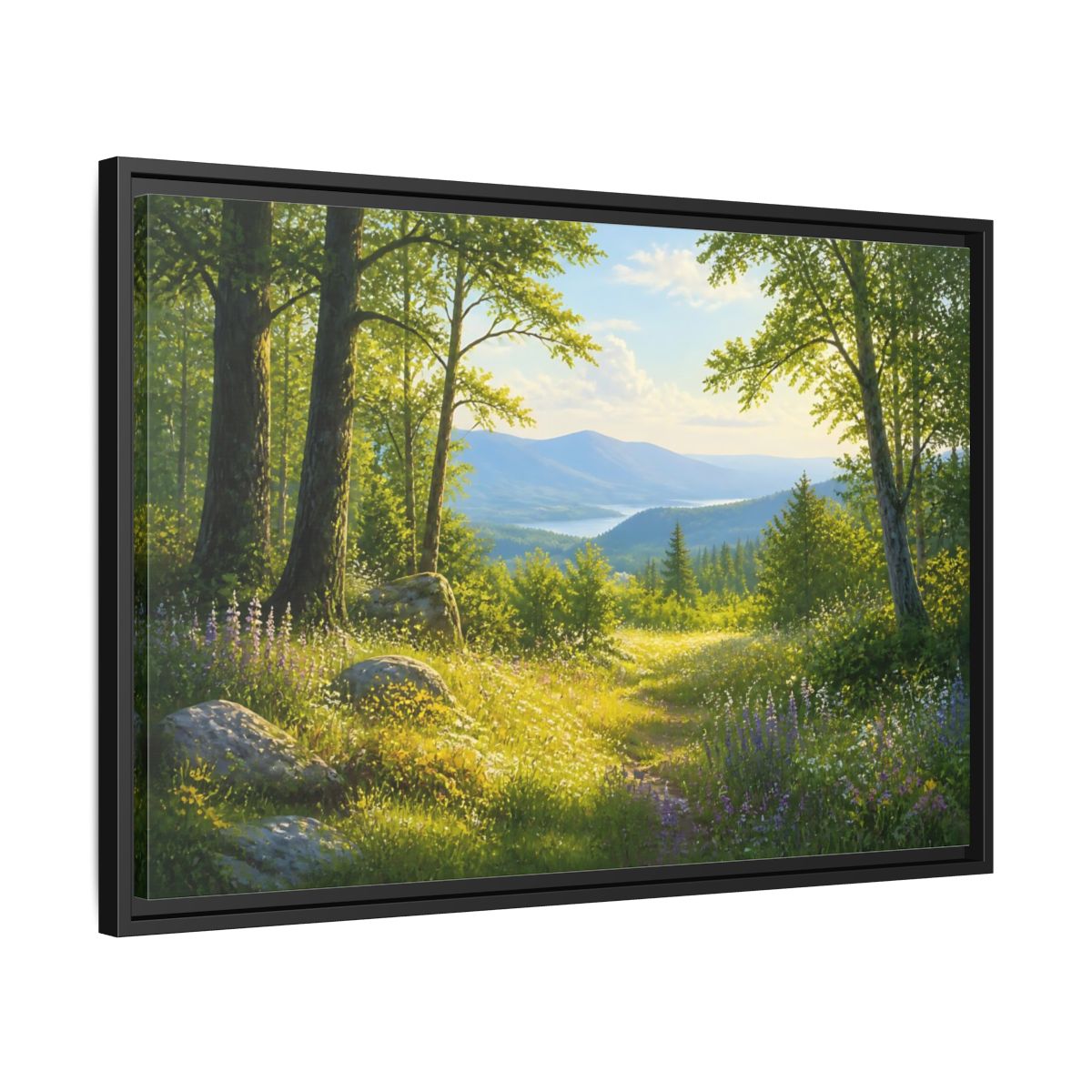 Side Mockup 14. Sunlit Woodland Lake View shown as framed canvas print