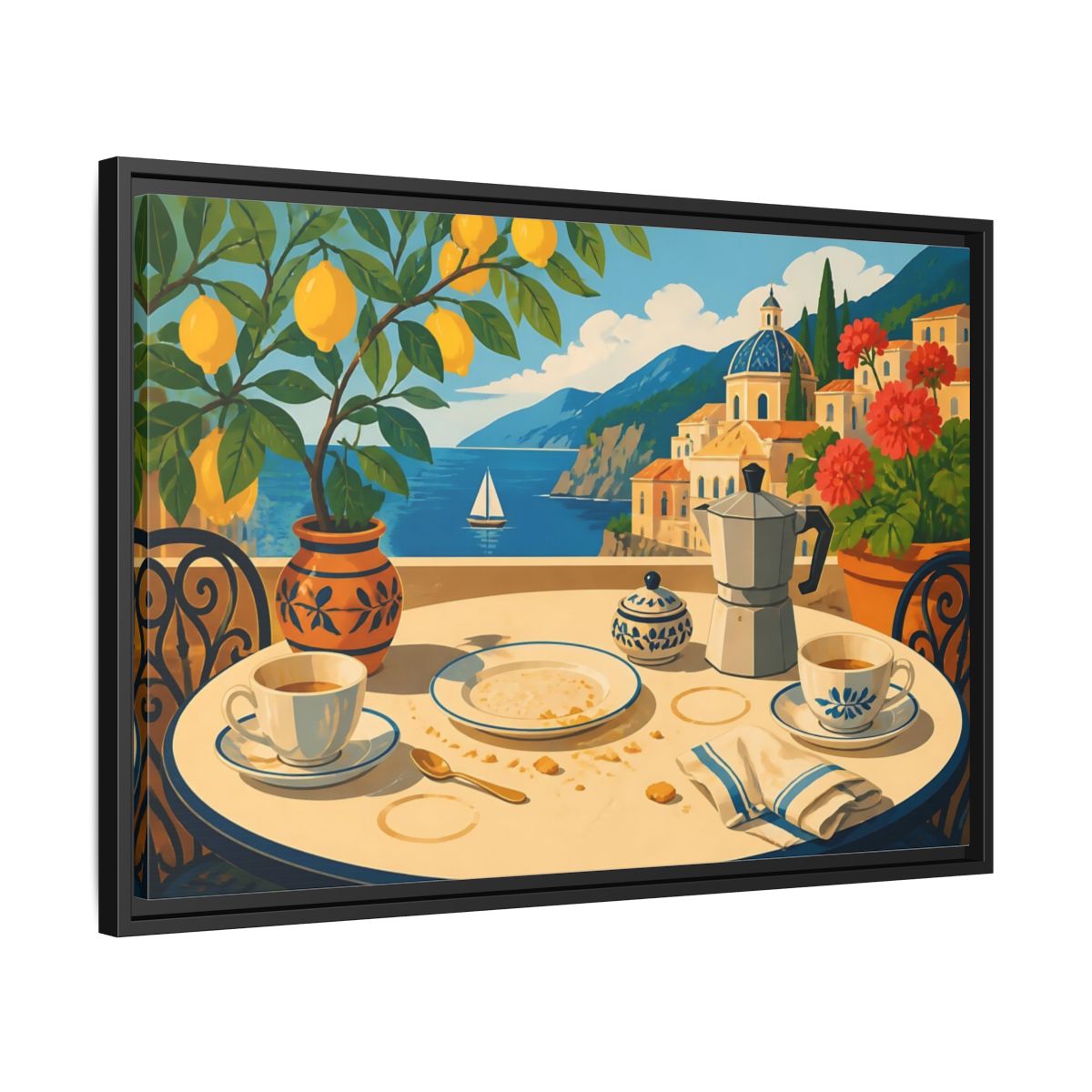 Side Mockup 14. Sunny Coastal Breakfast shown as framed canvas print