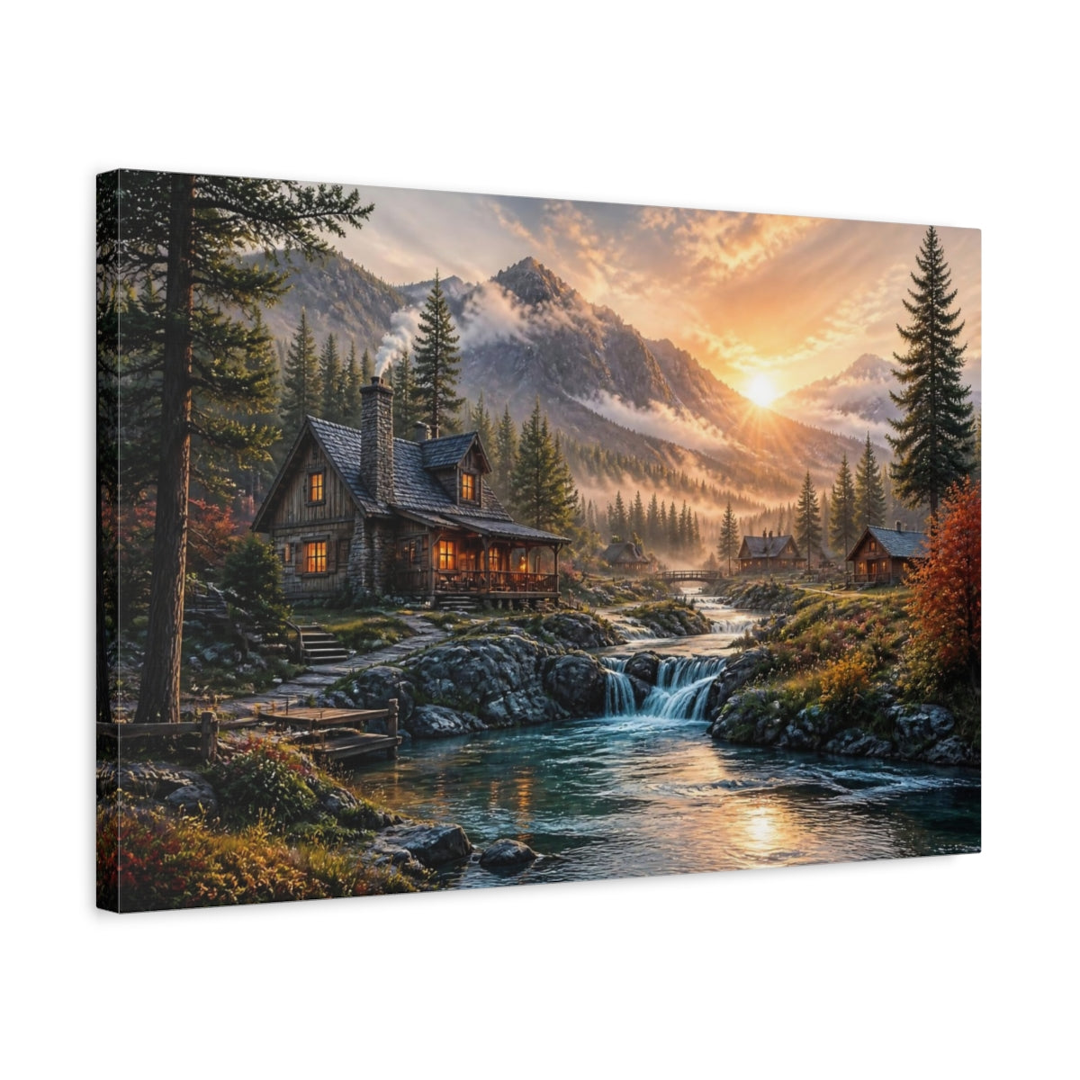 Side Mockup 3. Sunrise Mountain Cabin Landscape shown as canvas print