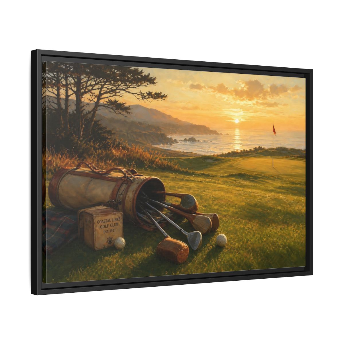 Side Mockup 14. Sunset At Coastal Links shown as framed canvas print