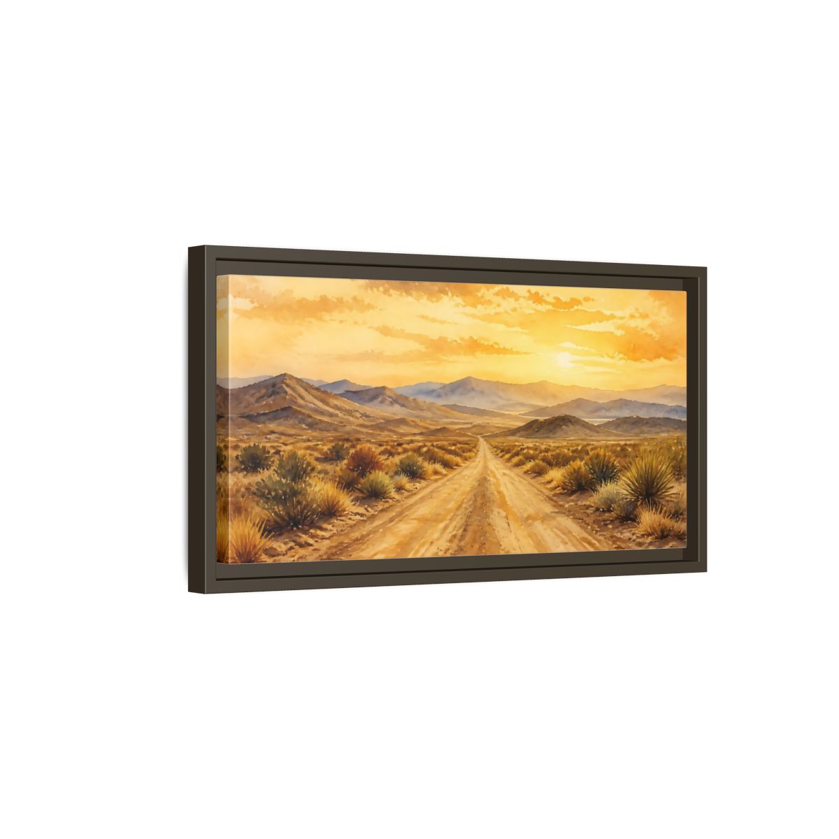 Side Mockup 7. Sunset Desert Road shown as framed canvas print