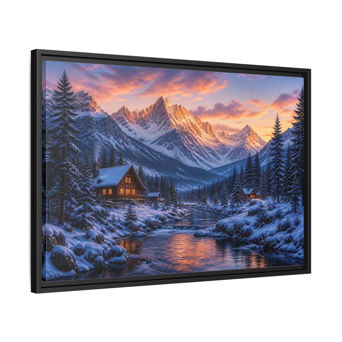 Side Mockup 14. Sunset Mountain Cabin Retreat shown as framed canvas print