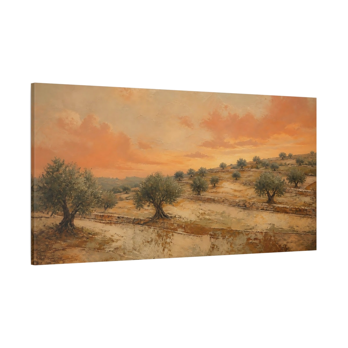 Side Mockup 2. Sunset Olive Grove shown as canvas print