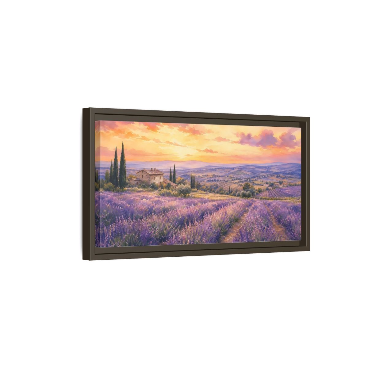 Side Mockup 7. Sunset Over Lavender Fields shown as framed canvas print