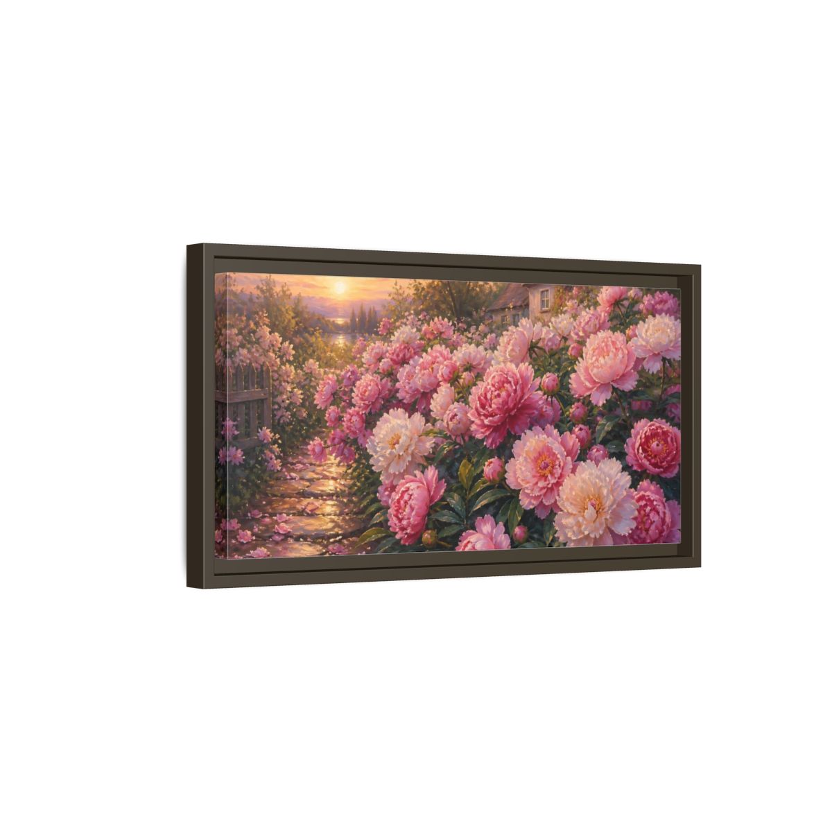 Side Mockup 7. Sunset Peony Garden shown as framed canvas print