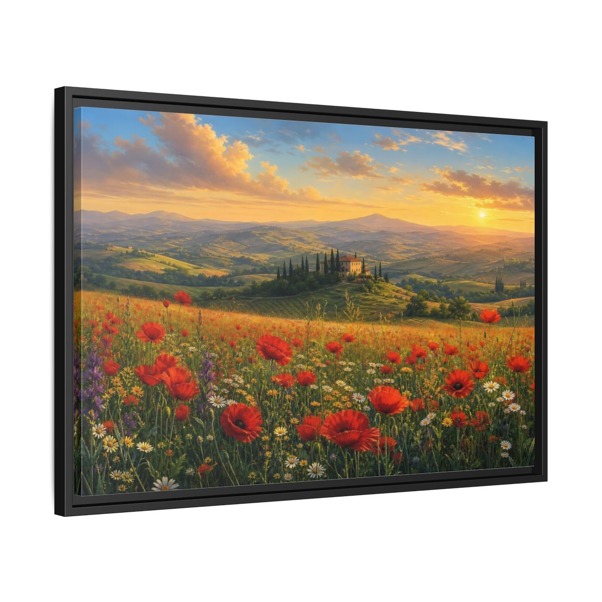 Side Mockup 14. Sunset Poppy Meadow shown as framed canvas print
