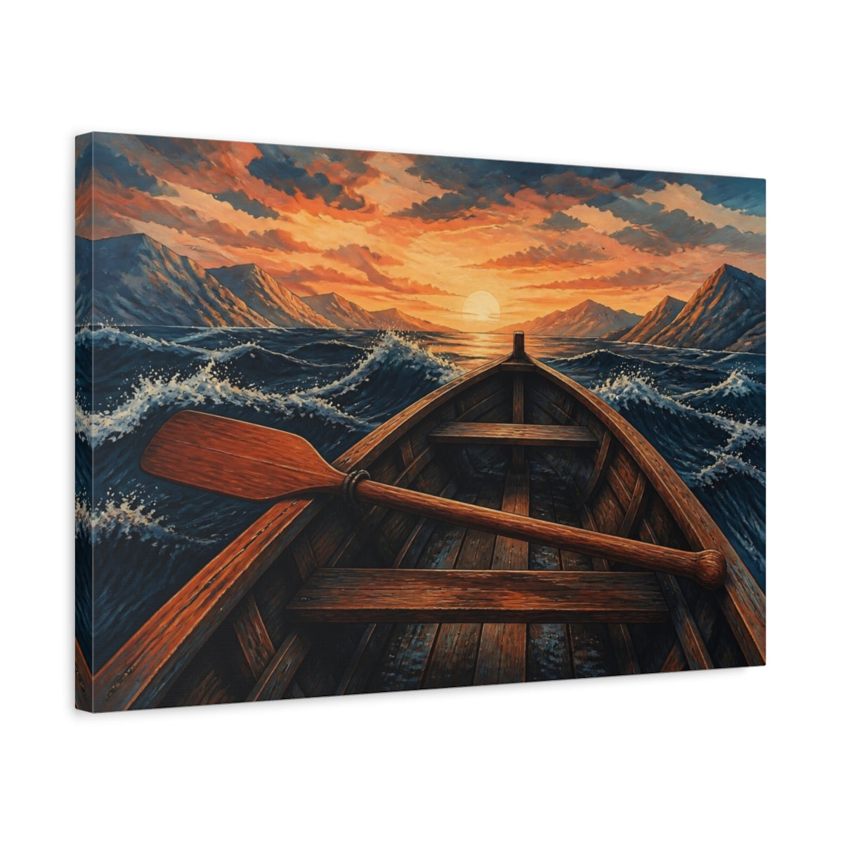 Side Mockup 3. Sunset Rowboat Voyage shown as canvas print
