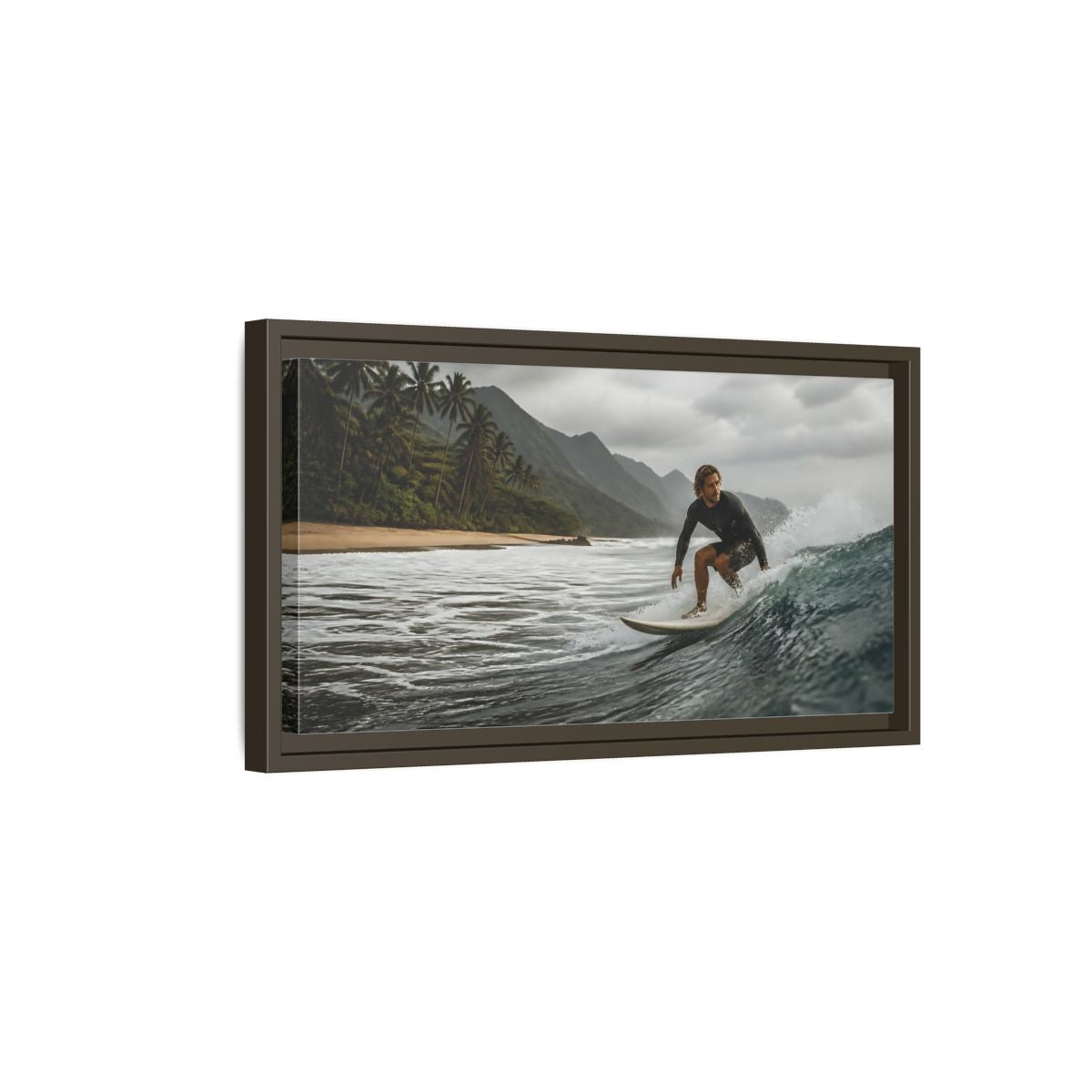 Side Mockup 7. Surfer On Coastal Wave shown as framed canvas print