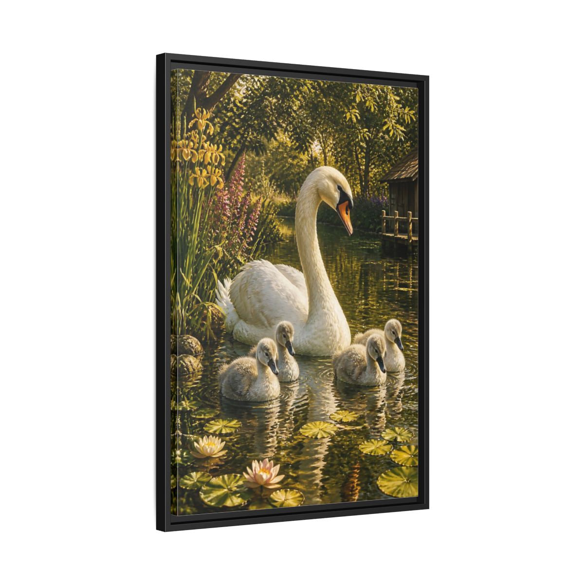 Side Mockup 14. Swan Family Animals shown as framed canvas print