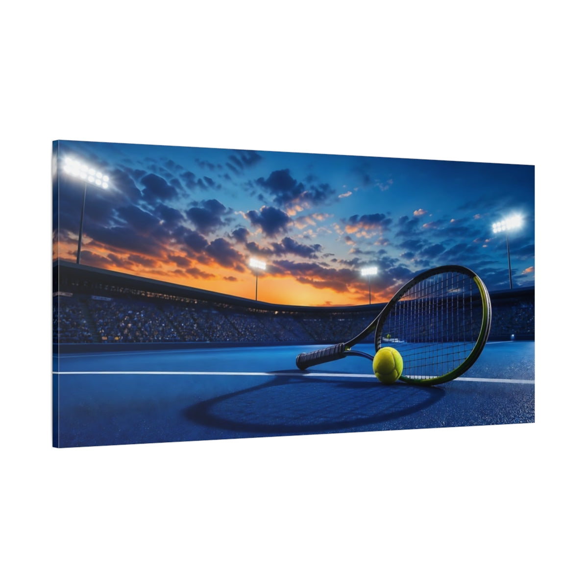 Side Mockup 2. Tennis Racket At Sunset shown as canvas print
