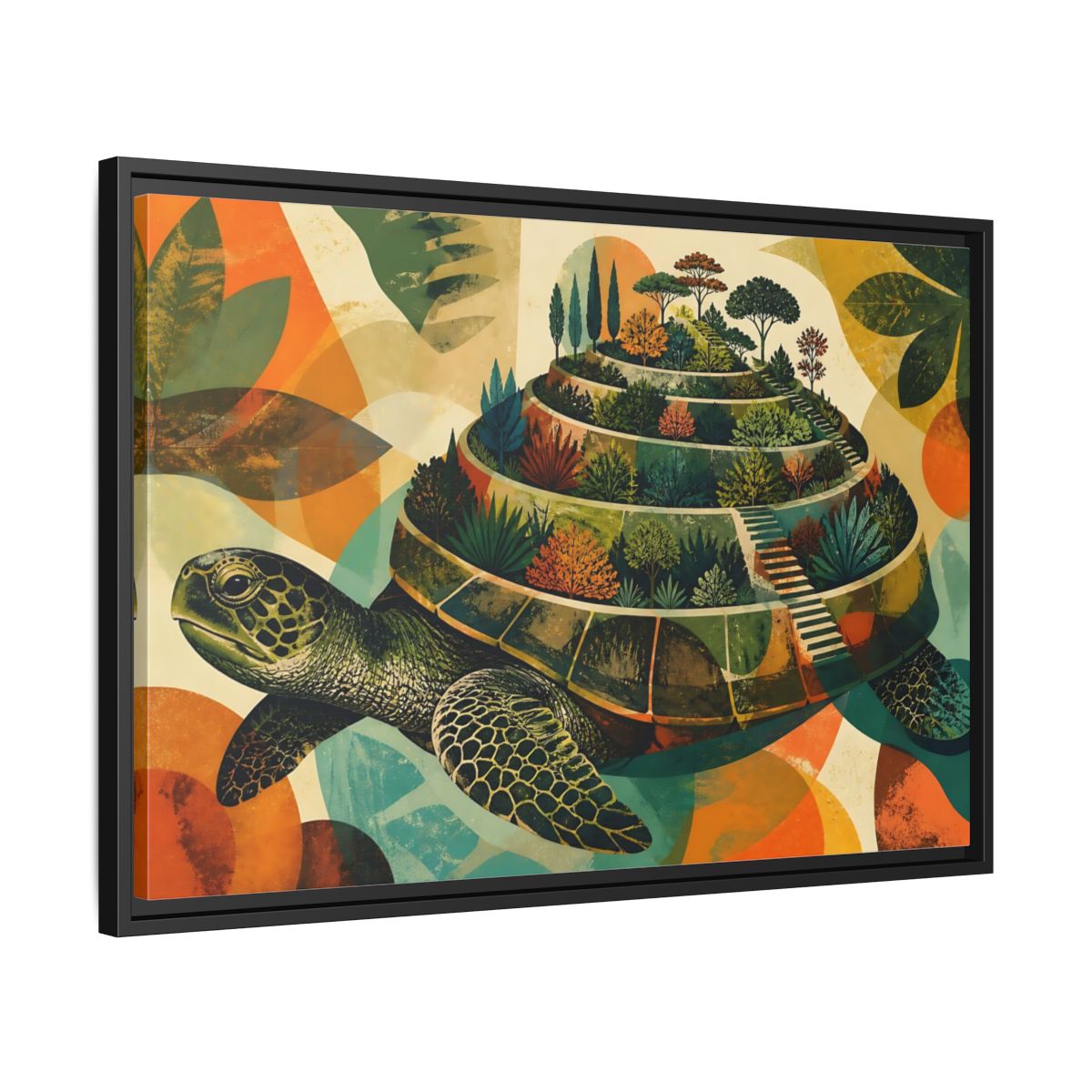 Side Mockup 14. Terraced Turtle Garden shown as framed canvas print