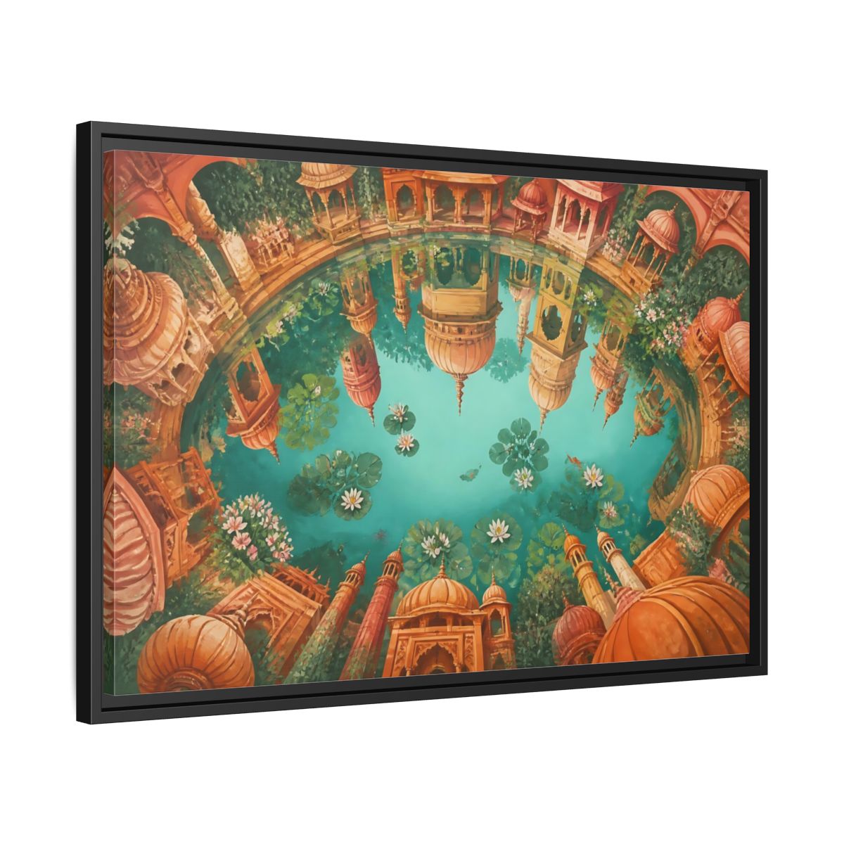 Side Mockup 14. Terracotta Temple Reflection shown as framed canvas print