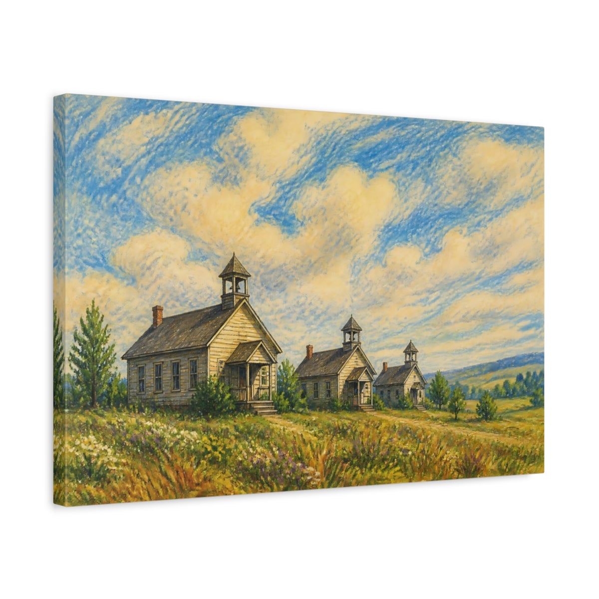 Side Mockup 3. Three Country Schoolhouses shown as canvas print