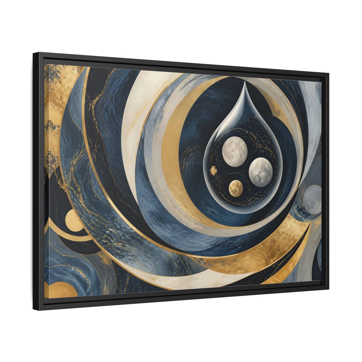 Side Mockup 14. Three Moons In Droplet shown as framed canvas print