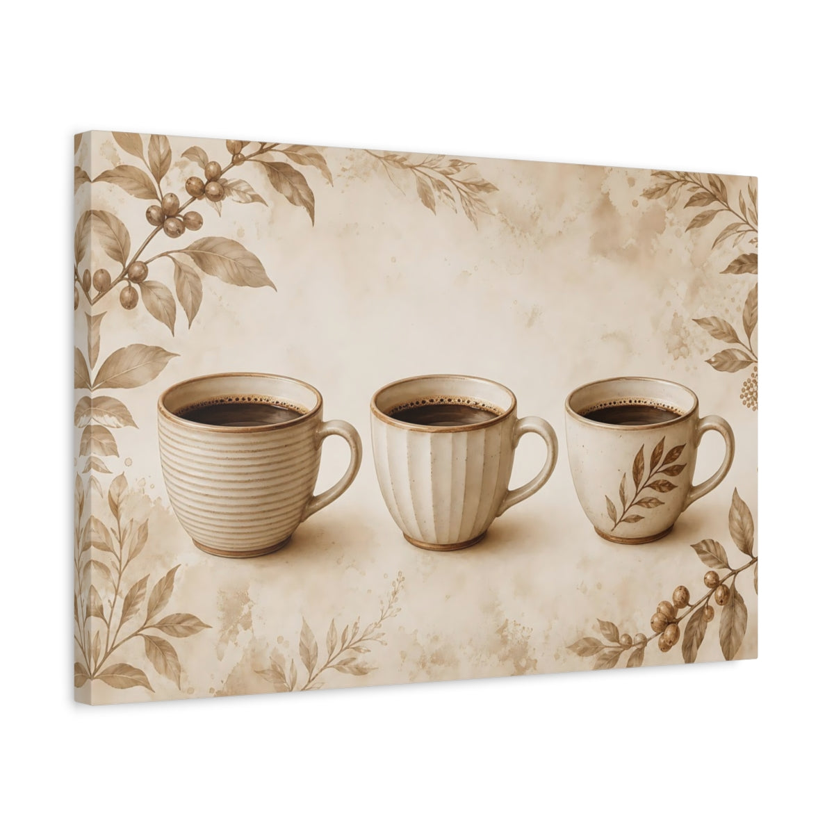 Side Mockup 3. Three Sepia Coffee Cups shown as canvas print