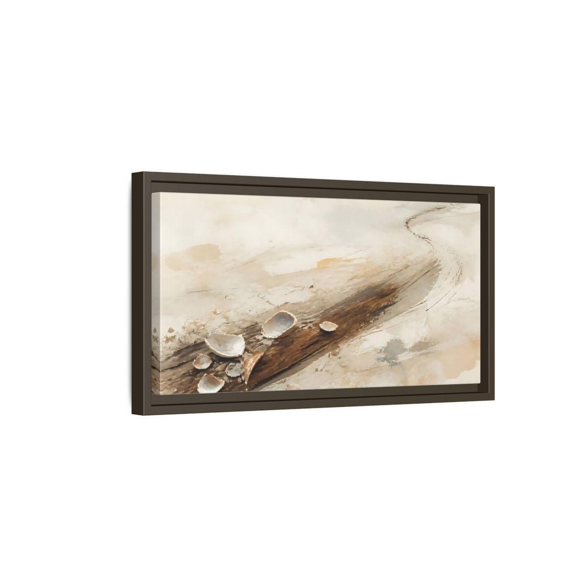 Side Mockup 7. Tide-Worn Shells On Driftwood shown as framed canvas print
