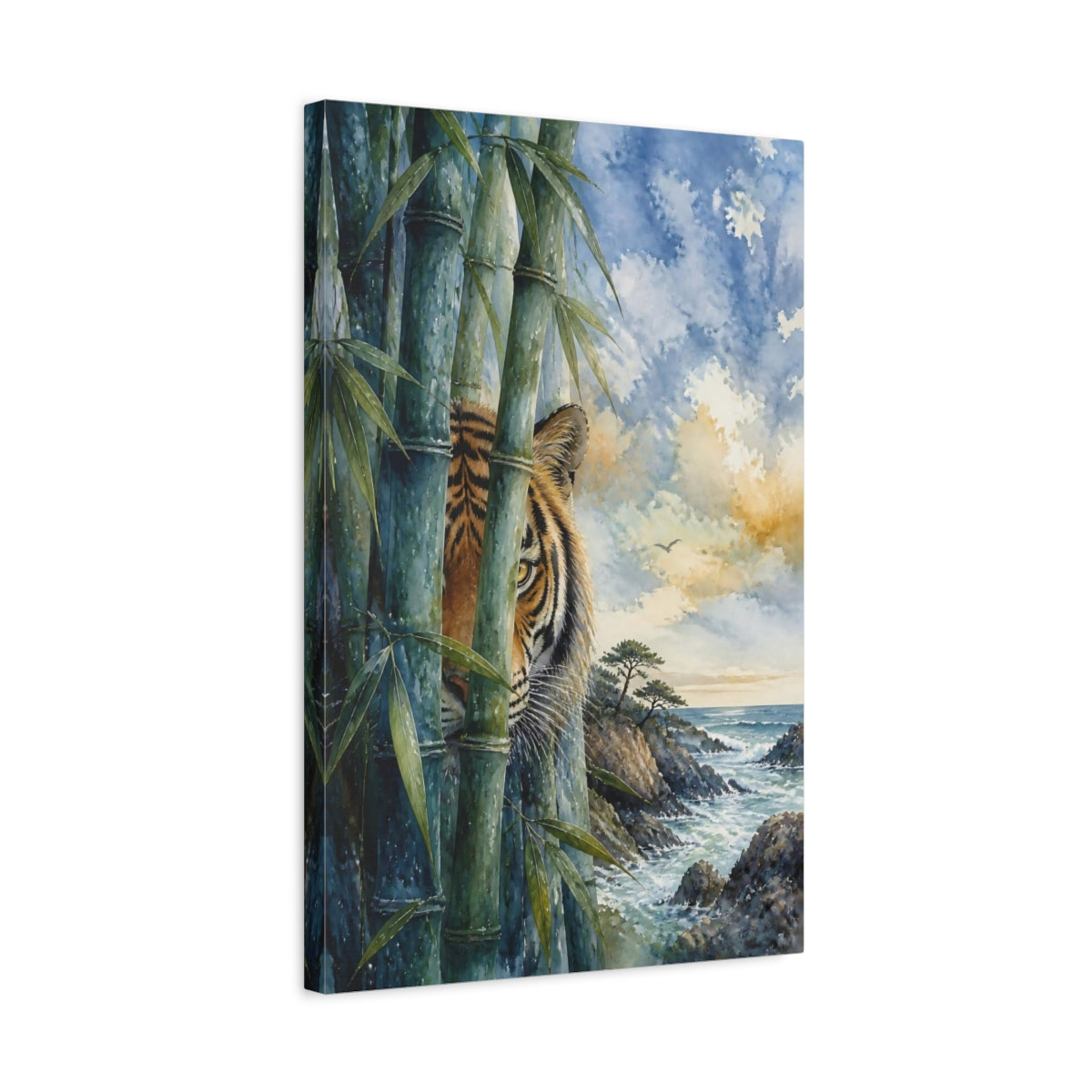Side Mockup 3. Tiger Animal In Bamboo shown as canvas print
