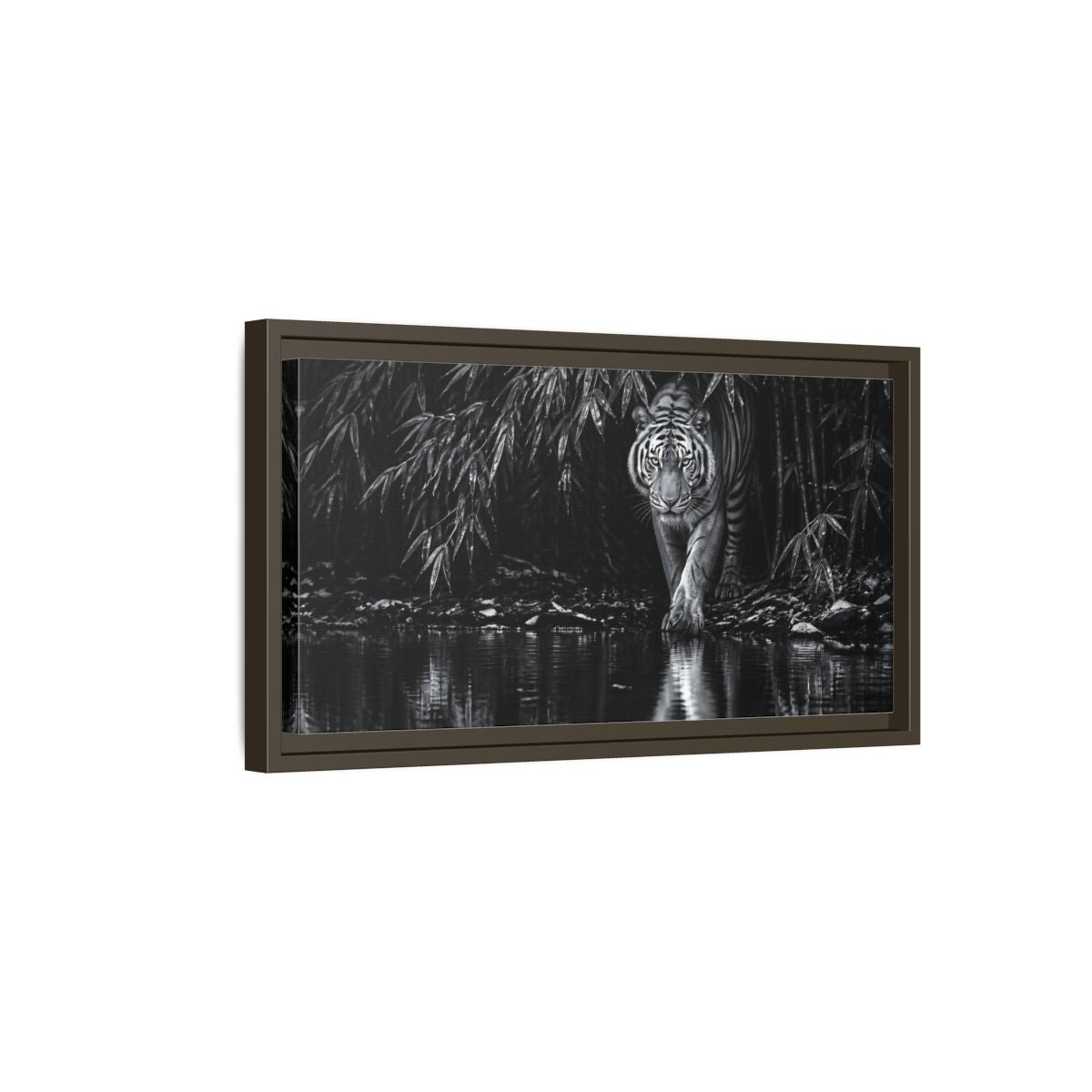 Side Mockup 7. Tiger At Water's Edge shown as framed canvas print