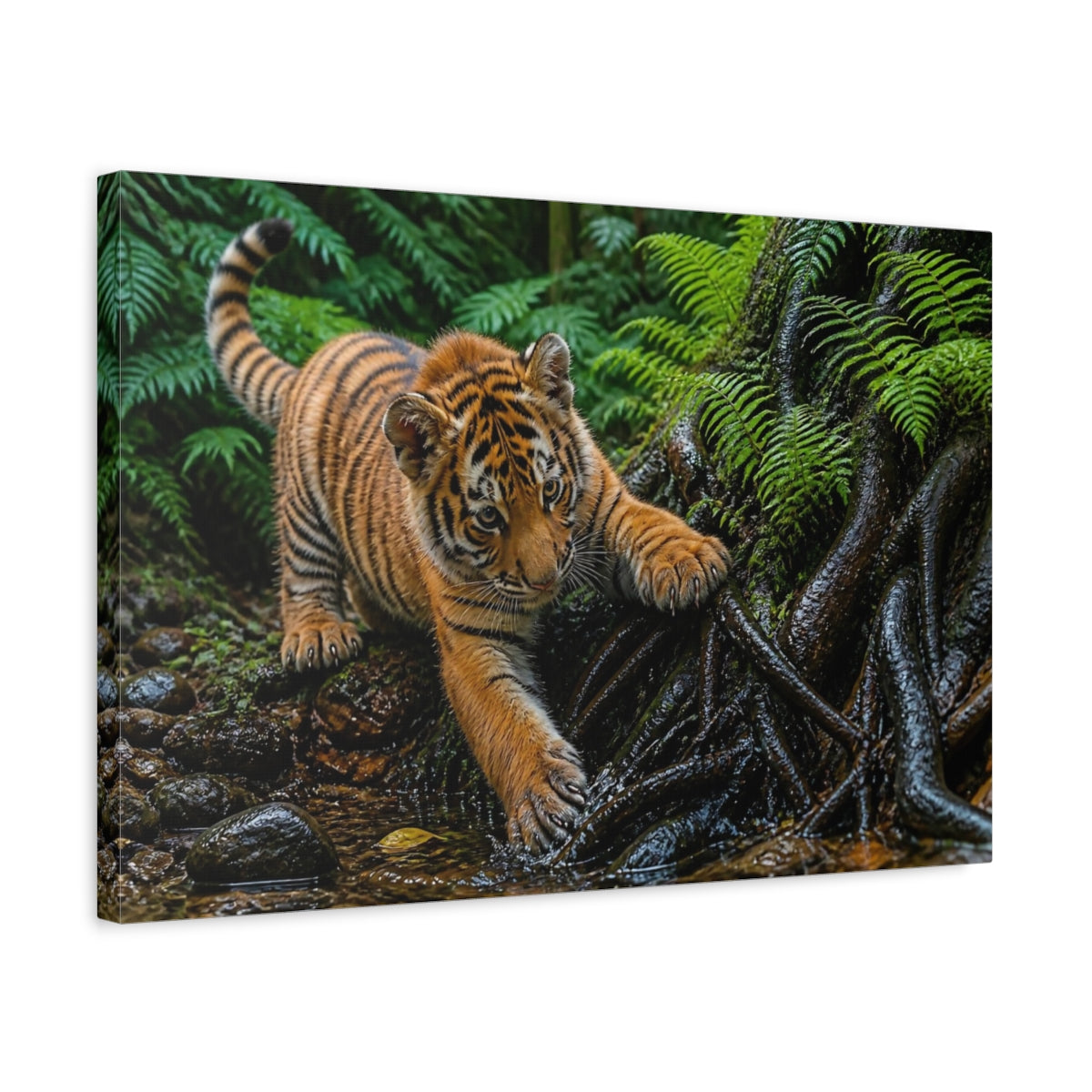Side Mockup 3. Tiger Cub In Ferns Animals shown as canvas print