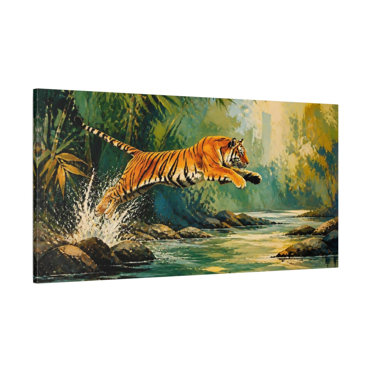 Side Mockup 2. Tiger Leaping Across Stream shown as canvas print