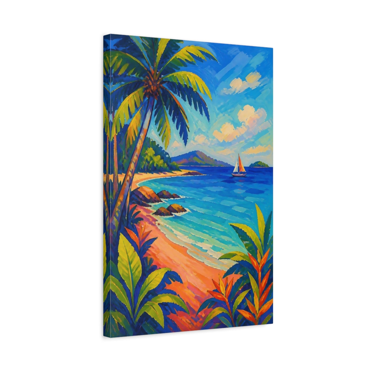 Side Mockup 3. Tropical Beach Sailboat shown as canvas print