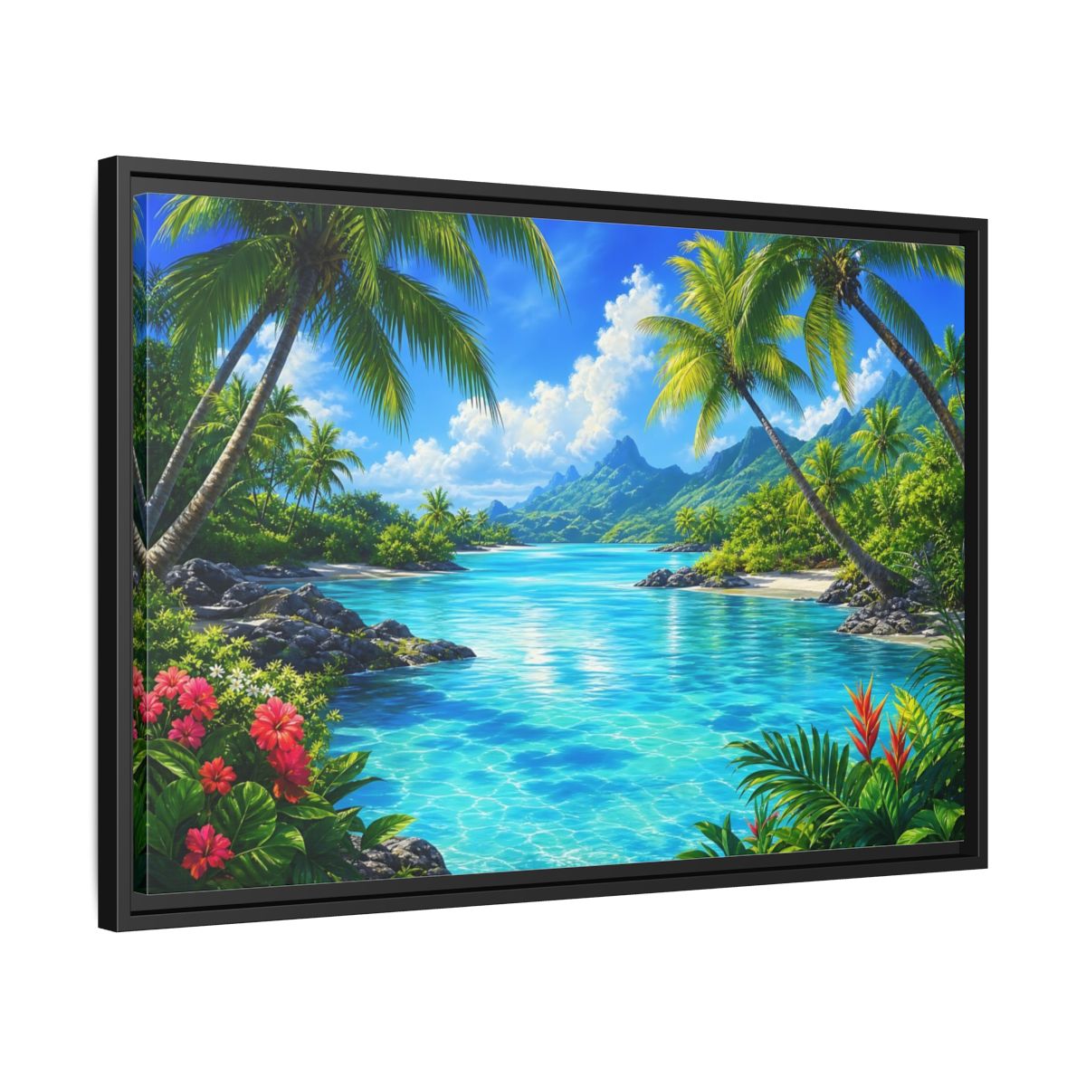 Side Mockup 14. Tropical Lagoon Escape shown as framed canvas print