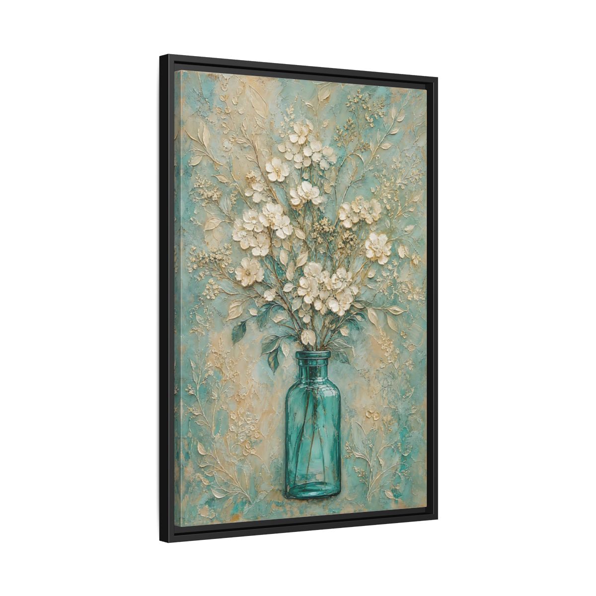 Side Mockup 14. Turquoise Vase Bouquet shown as framed canvas print