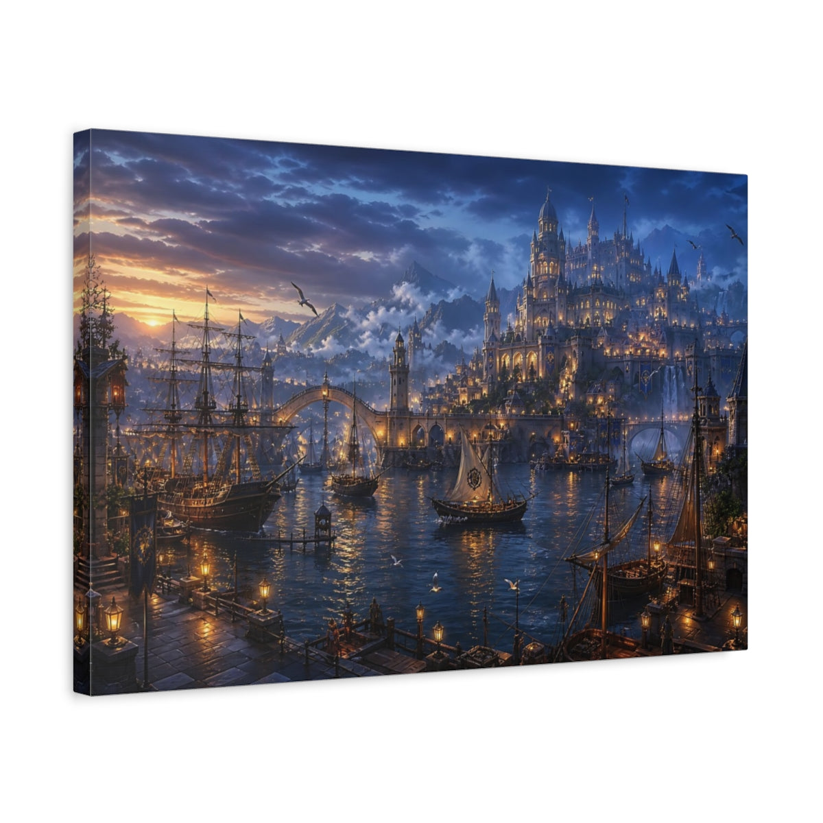 Side Mockup 3. Twilight Harbor Kingdom shown as canvas print