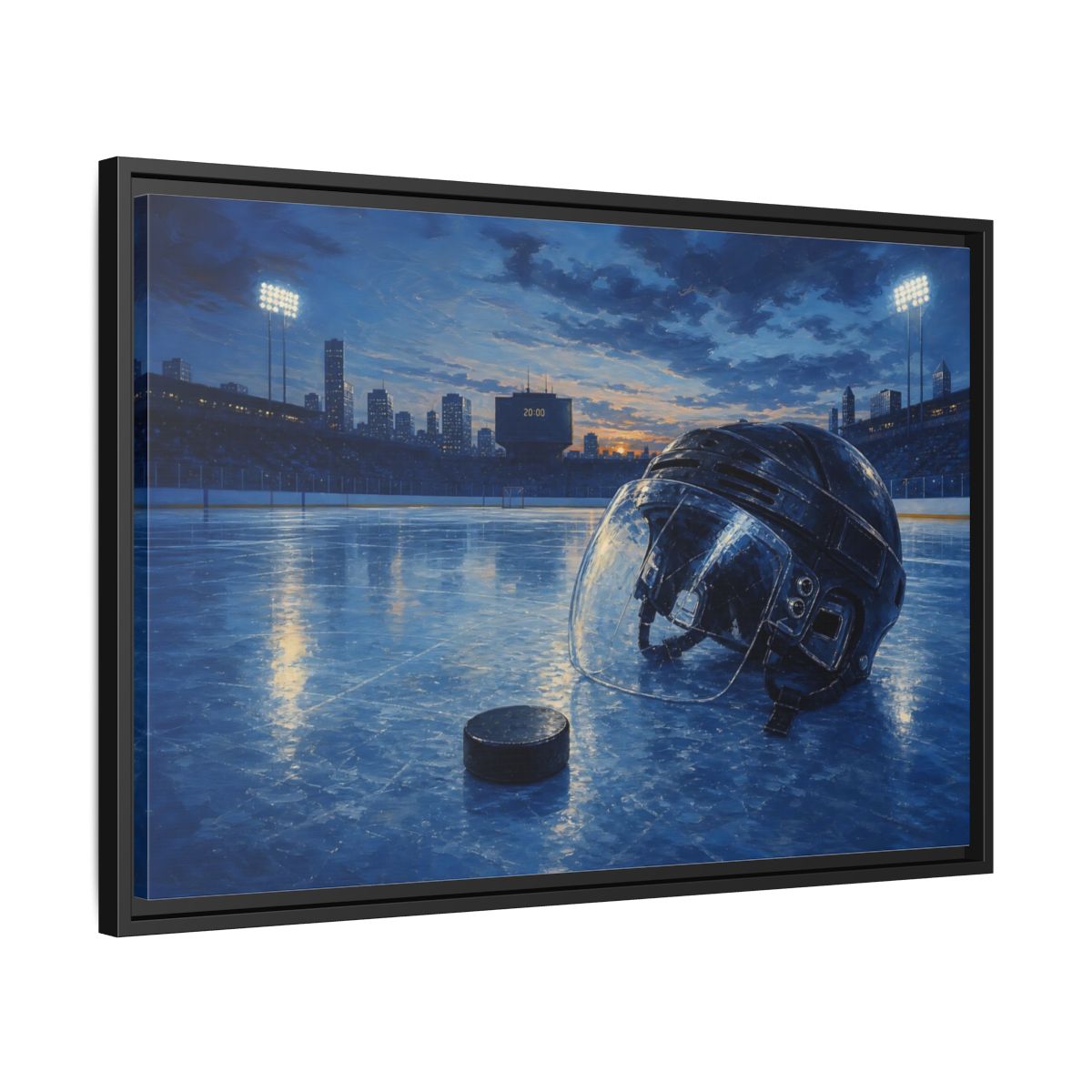 Side Mockup 14. Twilight Hockey Helmet shown as framed canvas print