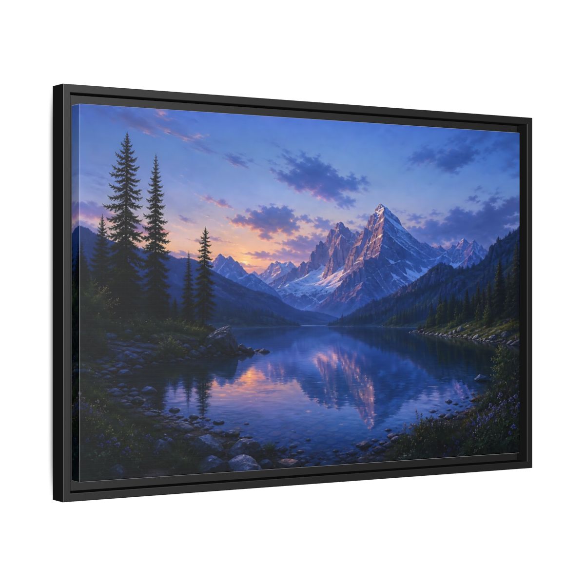 Side Mockup 14. Twilight Mountain Reflection shown as framed canvas print