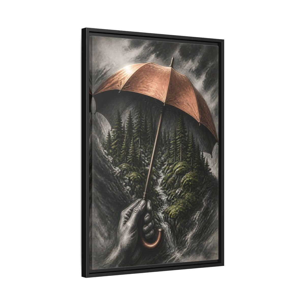 Side Mockup 14. Umbrella Forest Illusion shown as framed canvas print