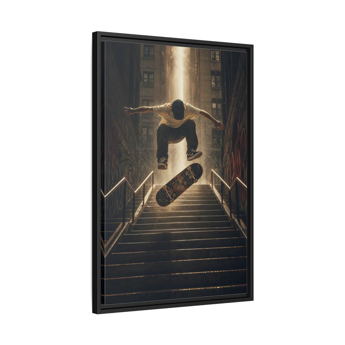 Side Mockup 14. Urban Skateboard Leap shown as framed canvas print