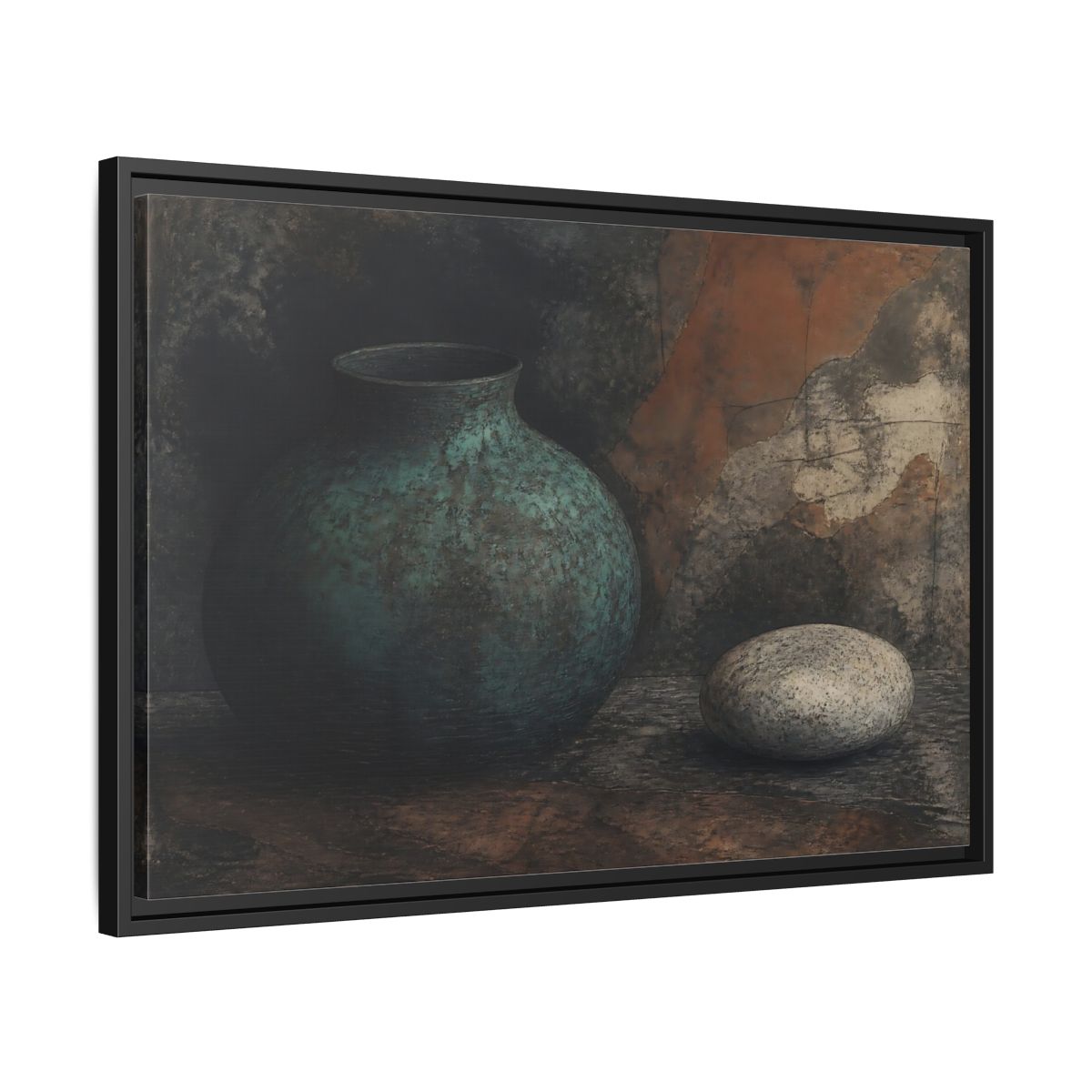 Side Mockup 14. Verdigris Vessel With Stone shown as framed canvas print