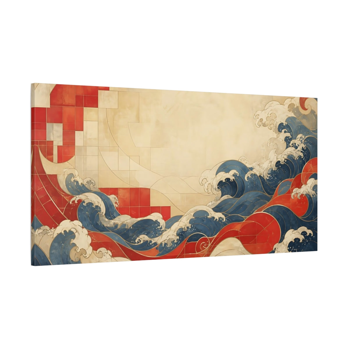 Side Mockup 2. Vermilion Tile Waves shown as canvas print